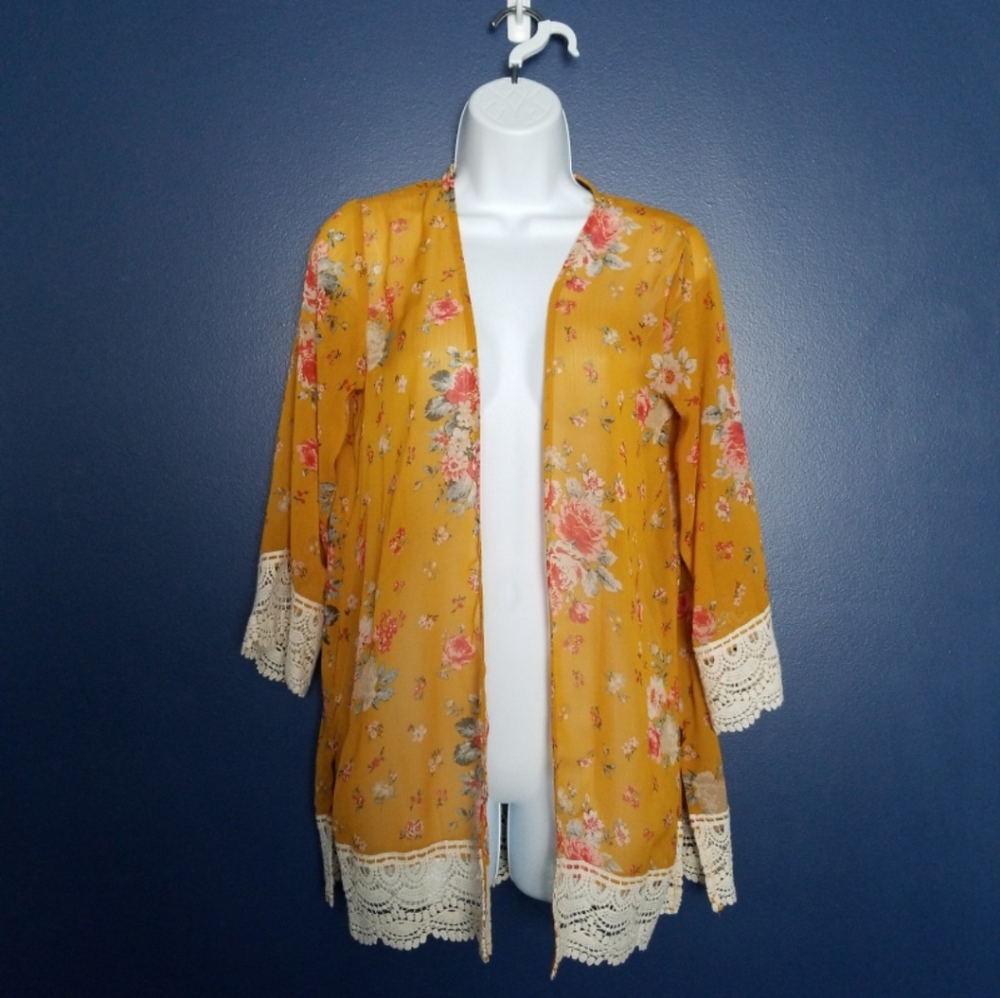 Floral Mustard Kimono with Lace Trim Boho Swim Top Coverup.